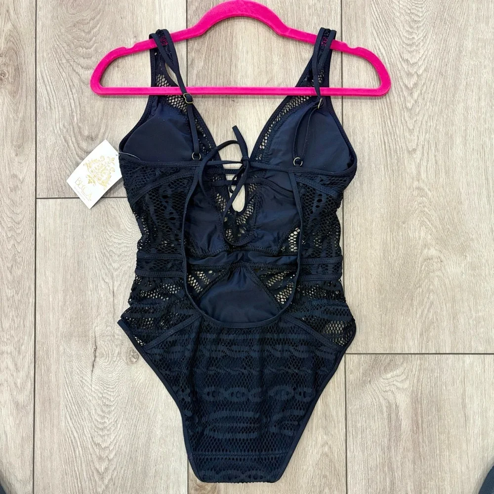 NWT! BECCA BY REBECCA VIRTUE, Crochet One-Piece Swimsuit in black. - Picture 8 of 10